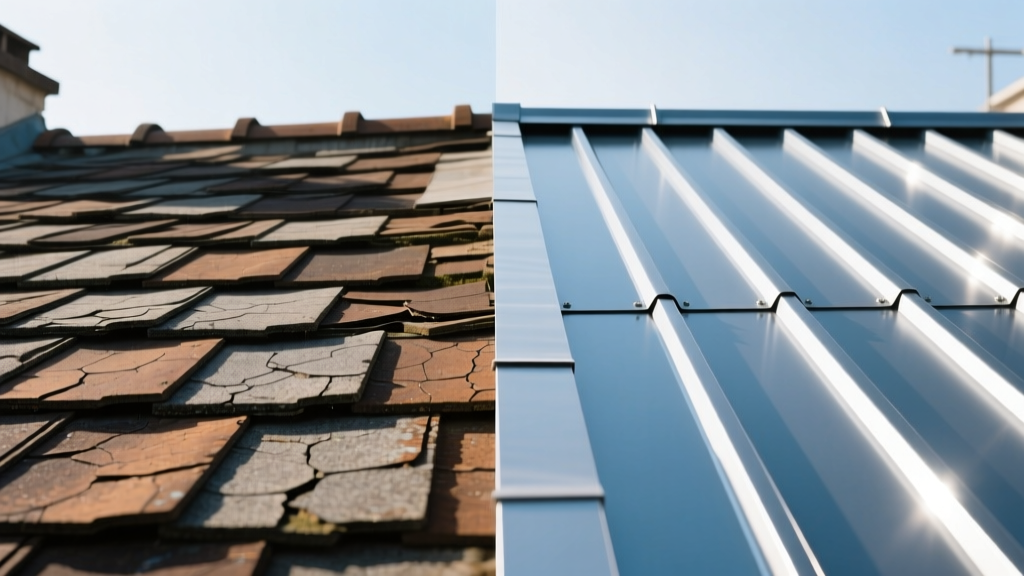 Rooftop split-view showing weathered architectural asphalt shingles on left and pristine standing seam metal panels on right