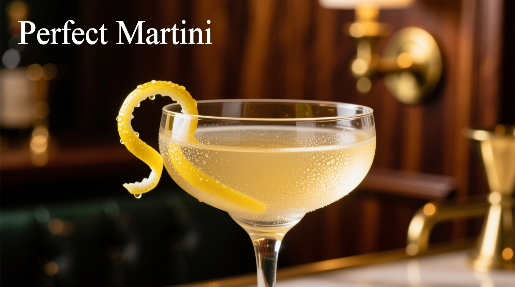 Crystal clear martini in coupe glass with lemon twist