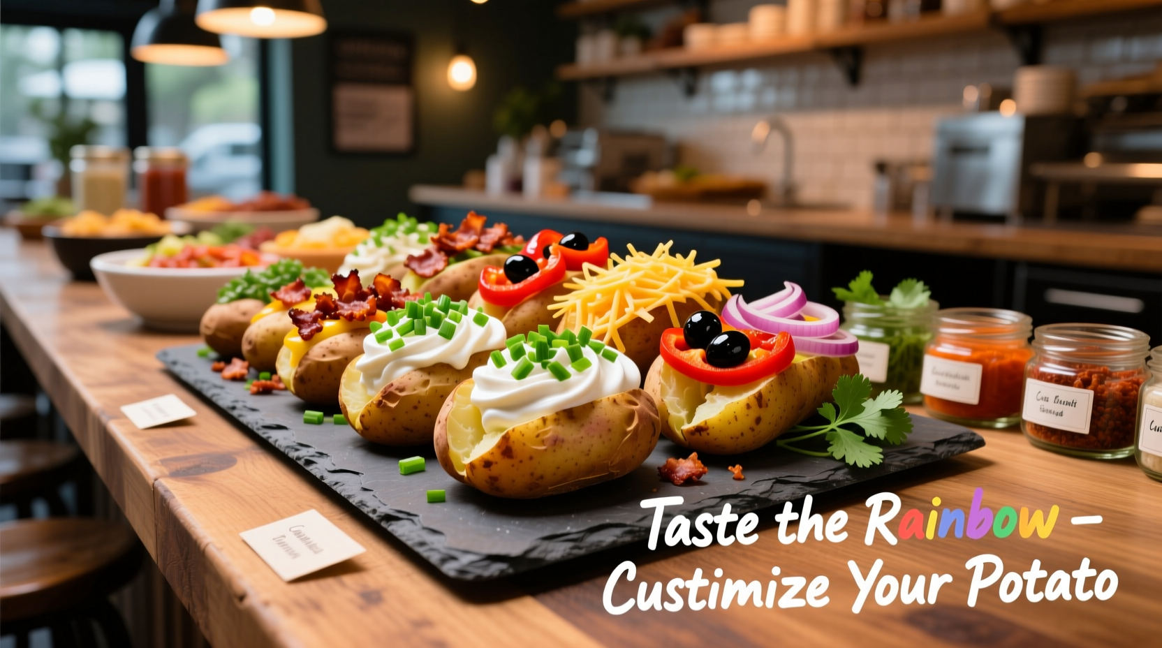 Colorful baked potato bar with multiple topping options