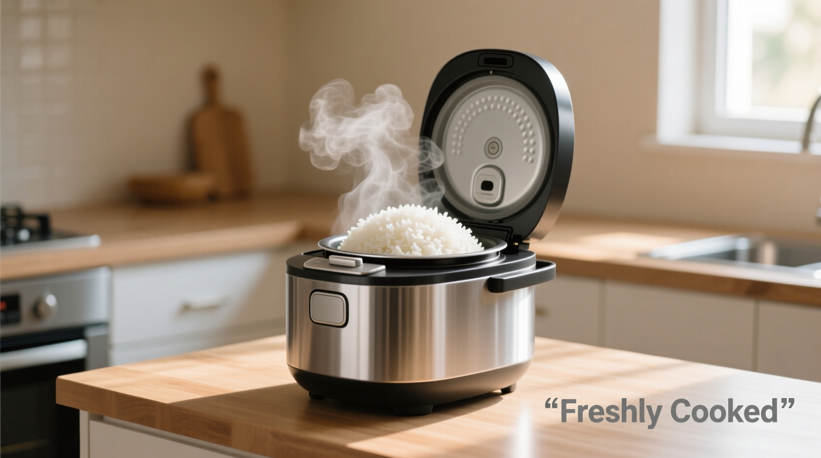 Rice cooker with steaming white rice