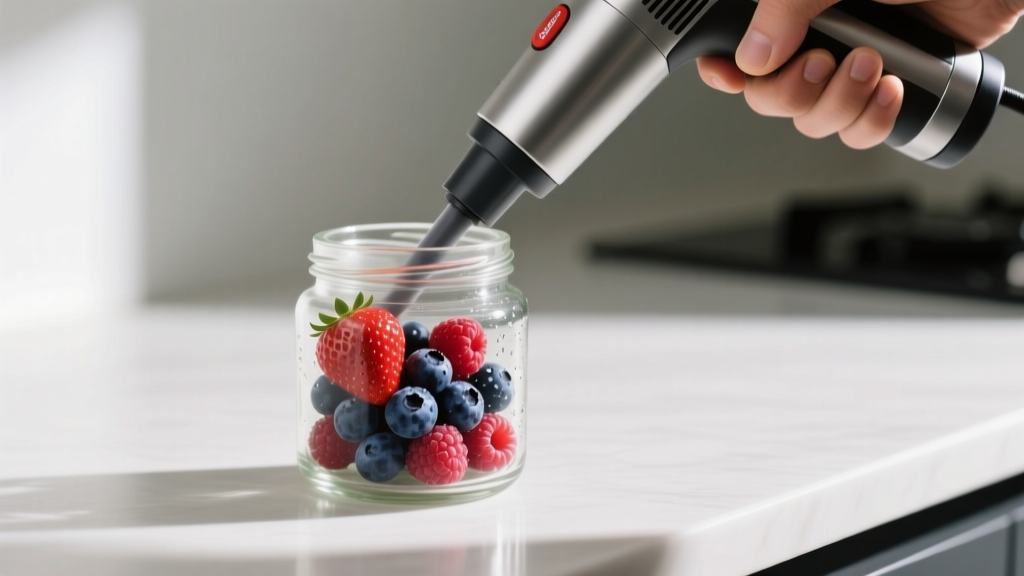 Close-up of handheld electric vacuum pump extracting air from borosilicate glass container filled with fresh berries on a counter