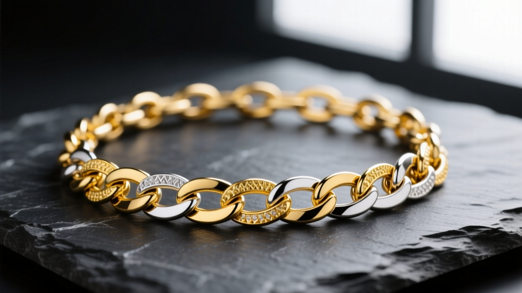 Macro shot of a solid 14k yellow and white gold two tone necklace chain on dark slate, highlighting soldered links and polish