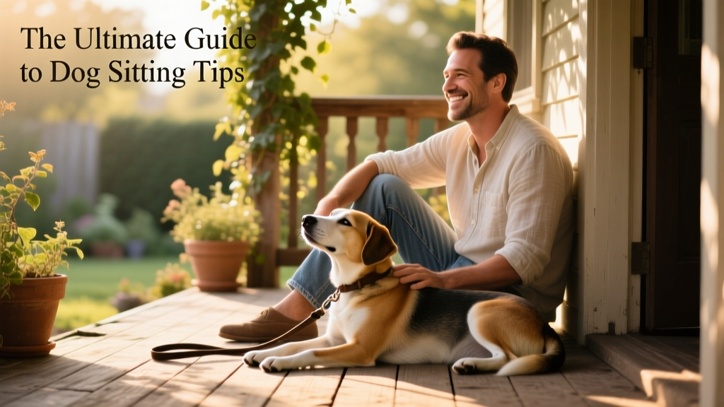 A sitter smiling while holding a leash and sitting beside a relaxed, content dog on a sunlit porch