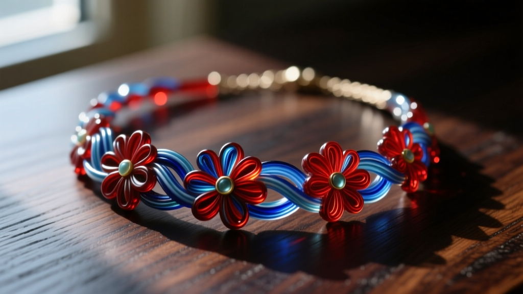 Macro view of a vintage millefiori glass necklace on dark wood, showing intricate floral cane patterns in bright red and blue