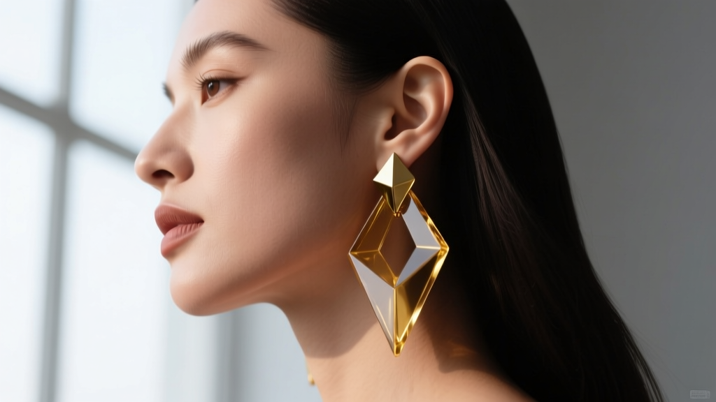 Side-profile of a woman wearing Robert Rose resin and gold-tone geometric dangles, showing earlobe weight distribution and scale.