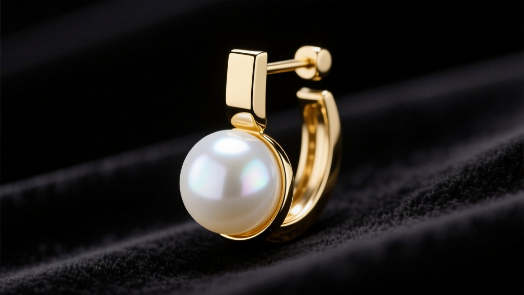 Close-up of an 18-gauge gold leverback earring holding a white pearl on dark velvet, lit by soft, directional studio lighting