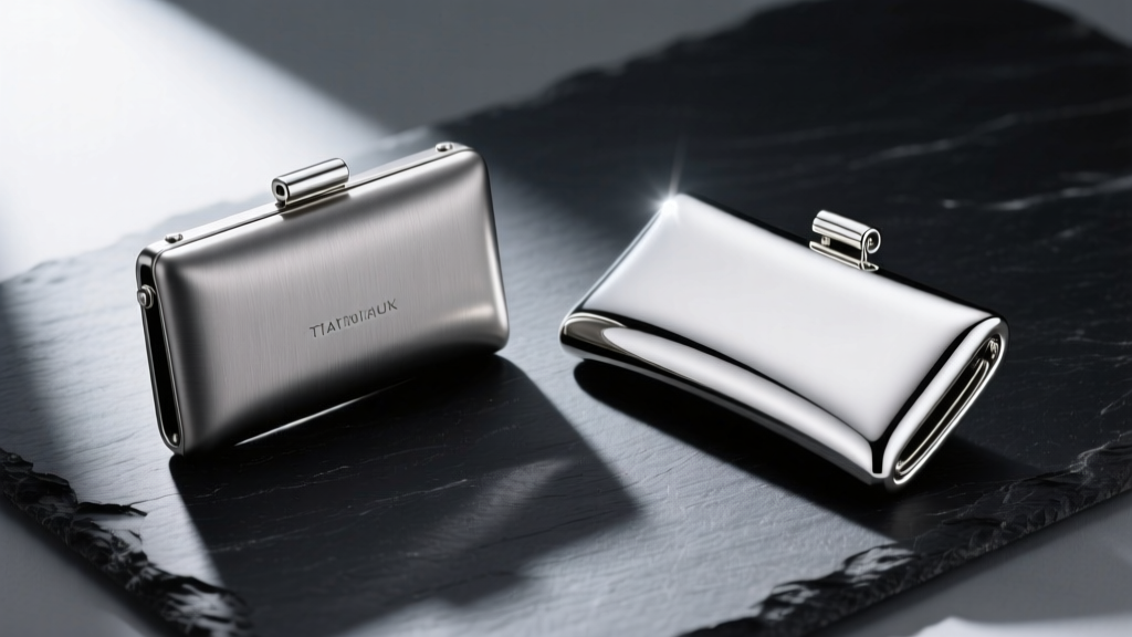 Side-by-side view of a matte titanium friction back and a polished sterling silver clutch resting on a dark slate surface.