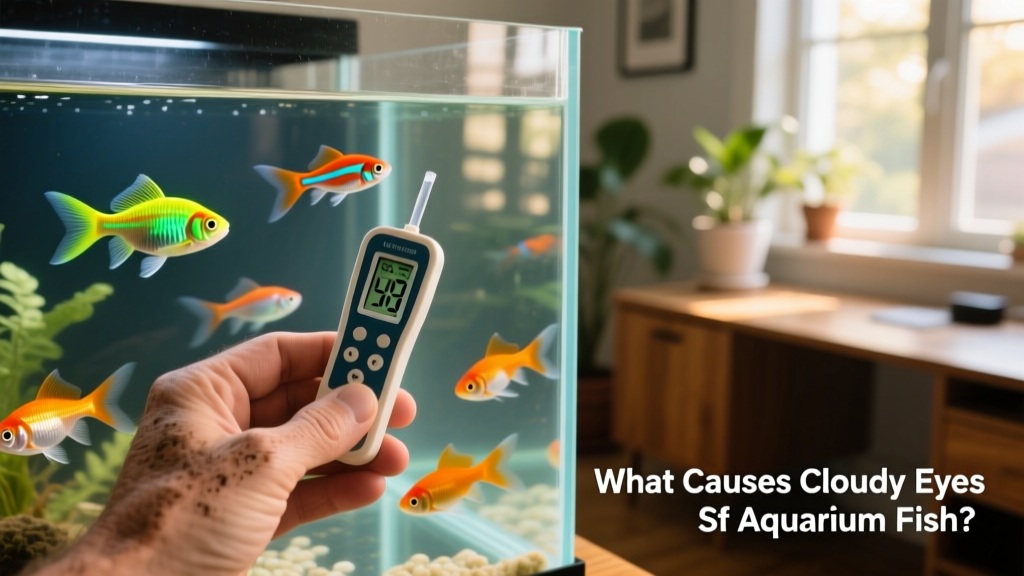 Hand holding a water testing kit over an aquarium, with healthy fish swimming nearby