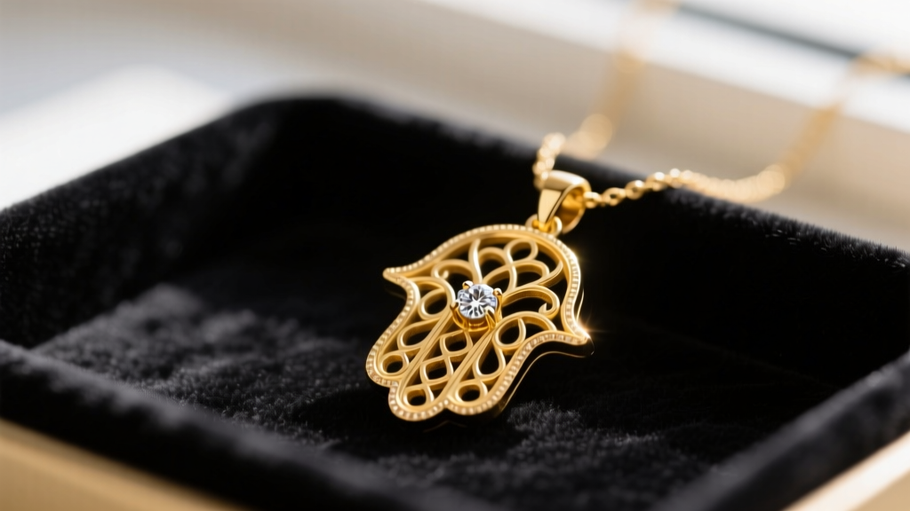 Close-up of a delicate 18k yellow gold Hamsa hand pendant featuring a tiny pave diamond center, resting on a dark velvet tray