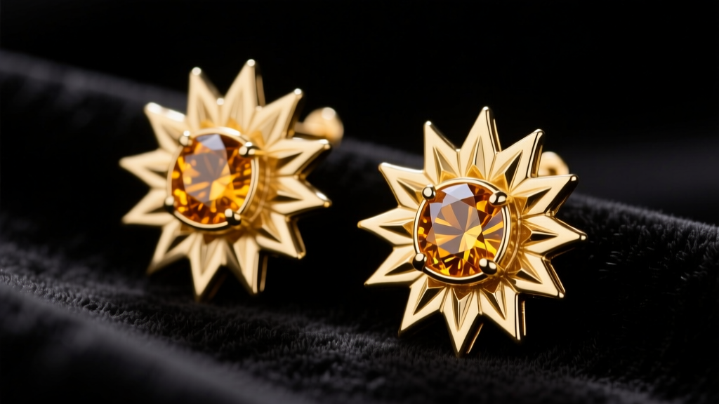 Close-up of 18k yellow gold sunburst earrings with a central bezel-set citrine, resting on dark velvet under soft studio lighting.