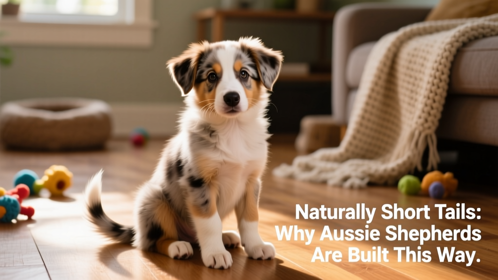Australian Shepherd puppy sitting alertly, clearly showing its naturally short, stubby tail