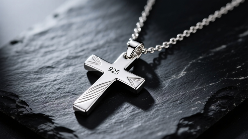 Polished 925 sterling silver cross necklace on dark slate, reflecting soft light to highlight metal grain and a hallmark stamp