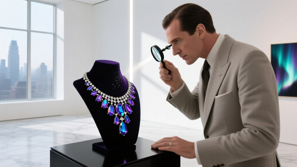 Collector examining a vintage Schiaparelli aurora borealis rhinestone necklace using a loupe in a bright, modern gallery space.