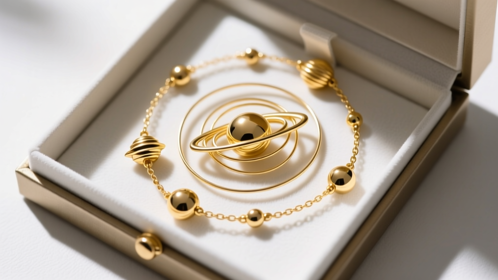 Anti-tarnish box showing a gold-filled solar system necklace coiled neatly to avoid wire bending, photographed from a high angle.