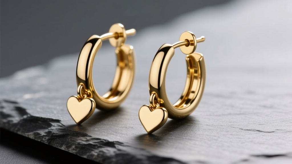 Macro of gold hoop earrings with heart charms on slate, showing the hinged clasp and polished metal under soft studio lighting.
