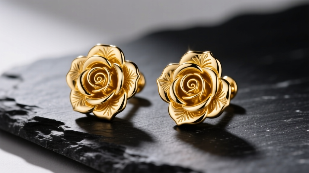 Close-up of 18k yellow gold rose flower stud earrings resting on dark slate, highlighting intricate petal textures and polish.