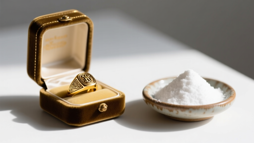 Open velvet box with a vintage 18k yellow gold signet ring on silk, beside a small ceramic dish filled with white baking soda.