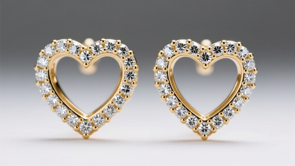 Macro shot of 14k white gold pave heart earrings showing tiny metal beads securing 1mm round diamonds under bright studio lighting