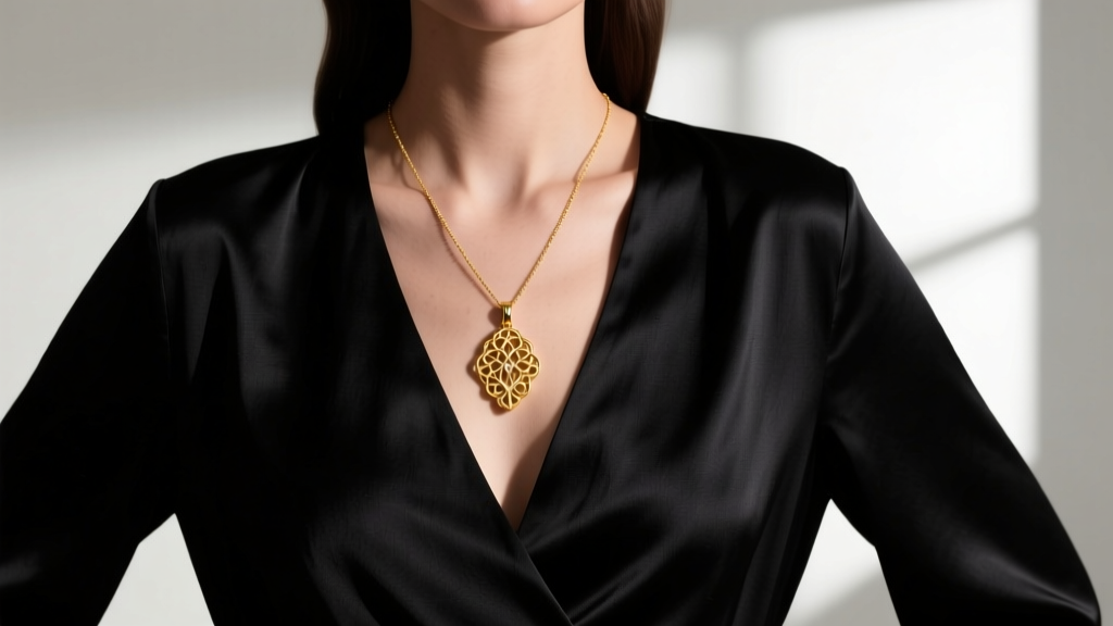 Elegant woman wearing a delicate 18-inch 14k gold pendant necklace perfectly centered over a deep black silk V-neck blouse.