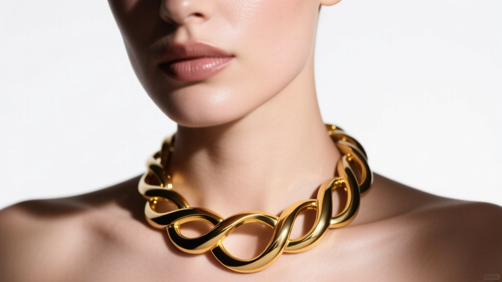 Close-up of a woman wearing a thick 14k yellow gold omega collar necklace, studio lighting highlighting the polished metal finish