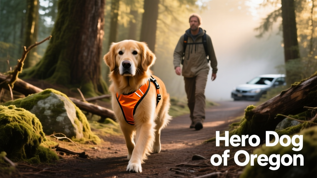 A dog wearing a reflective harness walking confidently on a forest trail beside its owner