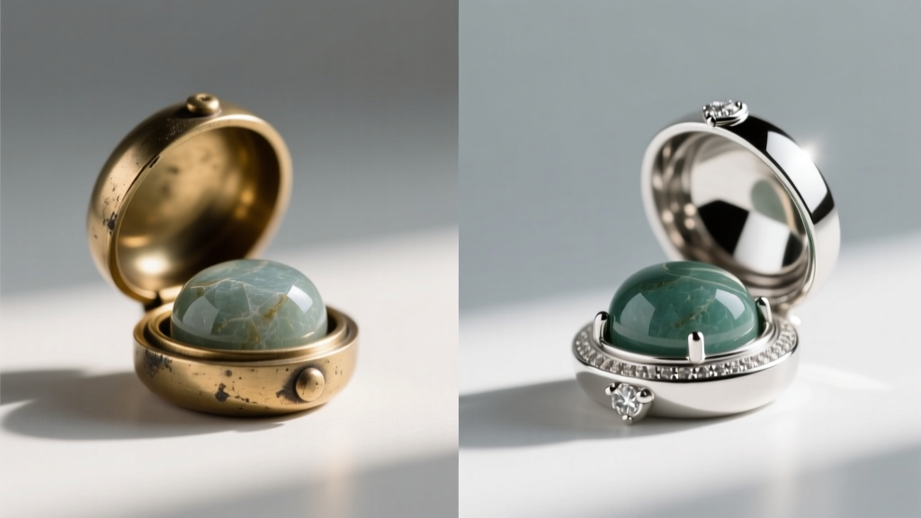 Side-by-side comparison of a mood stone capsule encased in cheap brass versus a high-quality 925 sterling silver bezel setting.