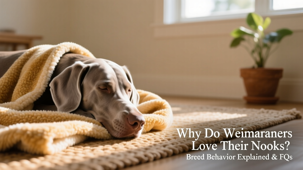 A Weimaraner resting peacefully with its nose nestled in a FurPetVo Comfort Blanket, bathed in soft natural light