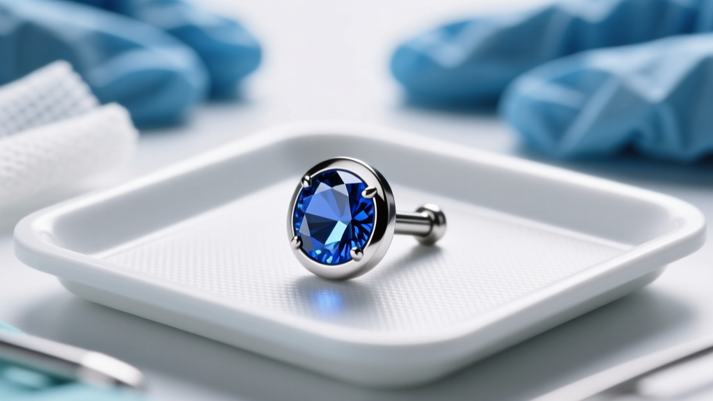 Macro shot of an ASTM F136 titanium labret stud with a bezel-set sapphire on a sterile tray under bright clinical lighting.
