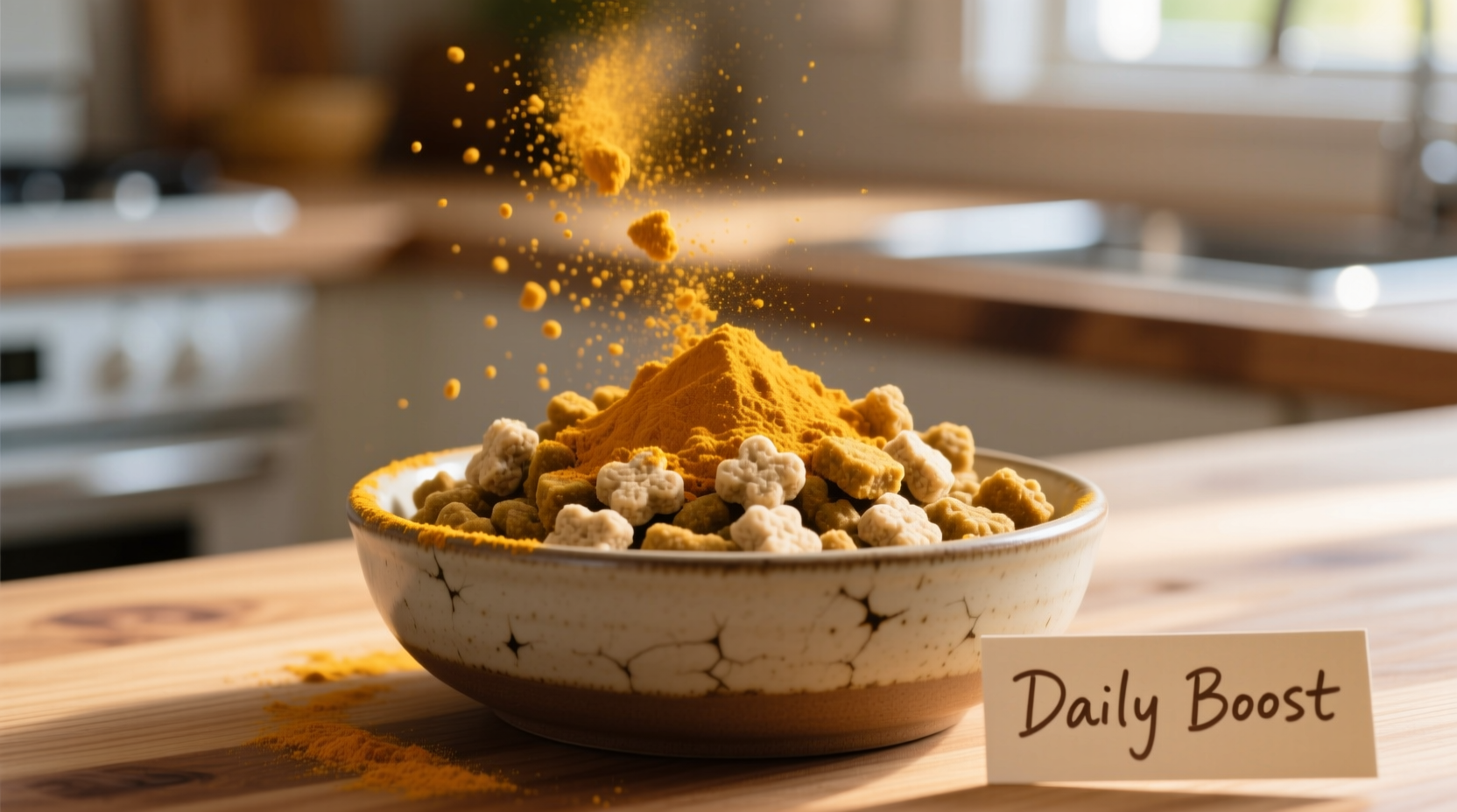 Golden turmeric powder sprinkled on dog food