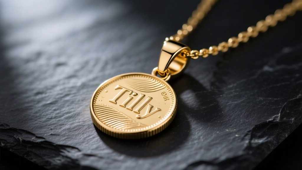 Gold vermeil Tilly necklace with textured coin pendant on dark slate, soft lighting highlighting intricate metal and clasp
