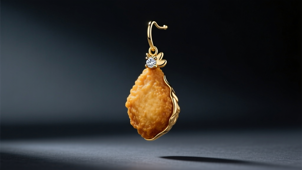 Macro shot of a gold vermeil chicken nugget drop earring with a tiny diamond accent on dark slate under moody studio lighting.