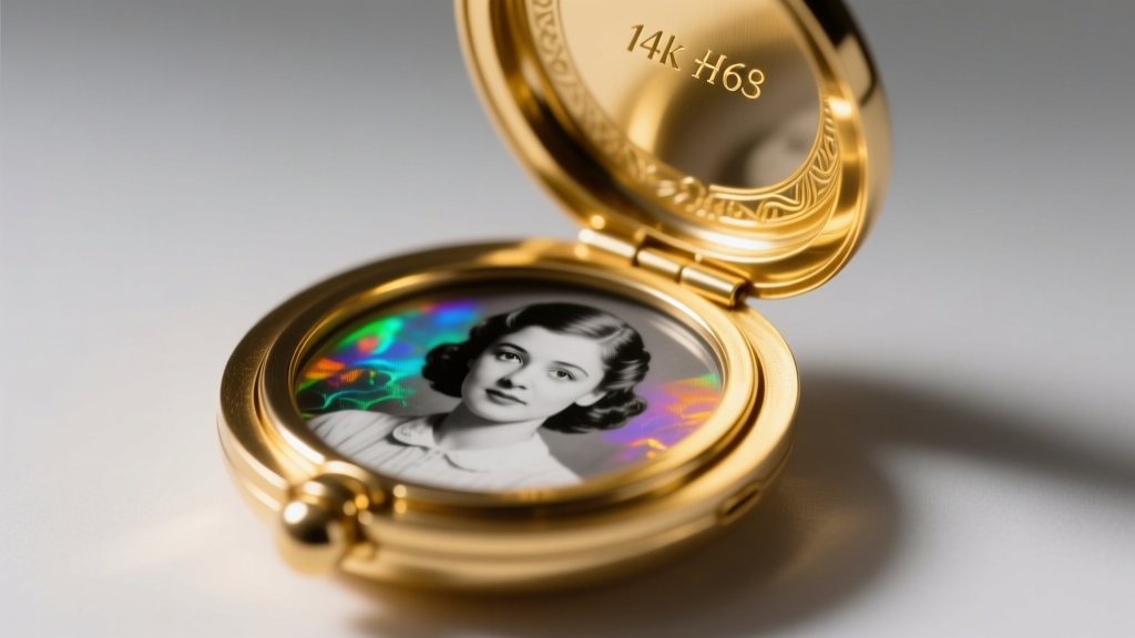 Macro shot of a 14k gold filled photo locket open to reveal a UV resin printed color image, illuminated by soft studio lighting.