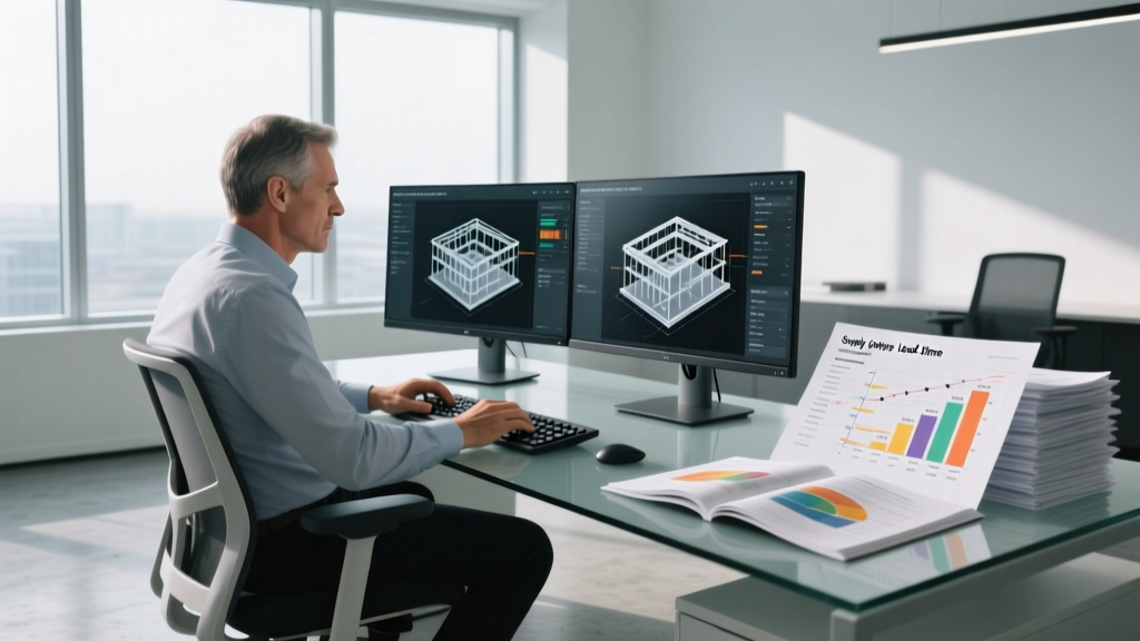 Architect reviewing digital BIM models on dual monitors while analyzing printed supply chain lead-time reports for structural steel