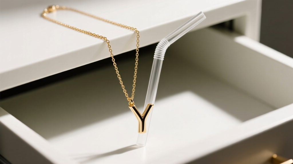 A jewelry drawer showing a y chain necklace stored vertically, its drop chain threaded through a clear plastic straw.