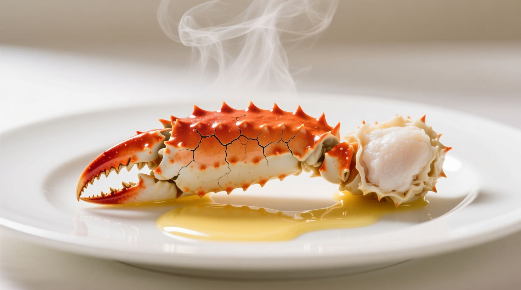 Perfectly steamed king crab legs on white plate