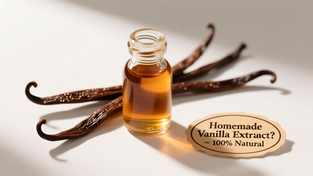 Small bottle of homemade vanilla extract and three vanilla beans isolated on a white background