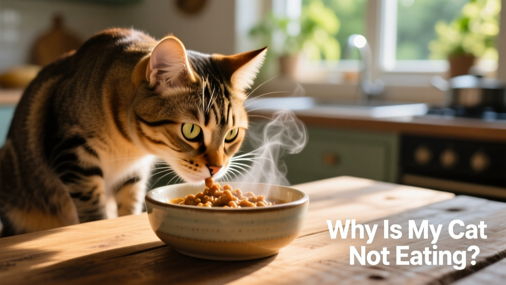 Close-up of a healthy adult cat sniffing a bowl of wet food