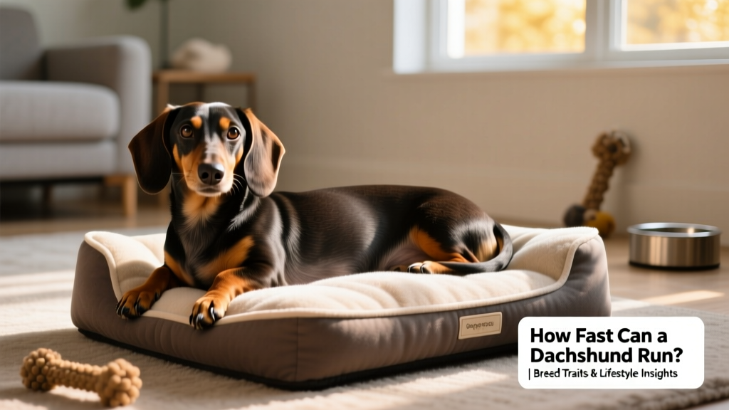 A dachshund comfortably resting on a supportive orthopedic dog bed with gentle lighting