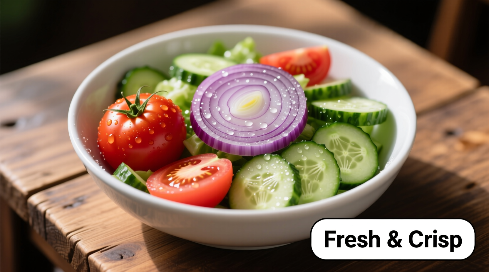 Fresh tomato cucumber and onion salad in white bowl