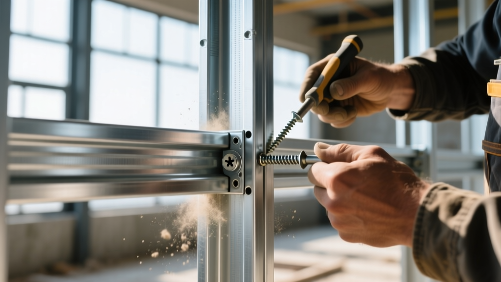 Close-up of galvanized light gauge steel studs and tracks being assembled into a load-bearing wall frame by a contractor using self-drilling screws