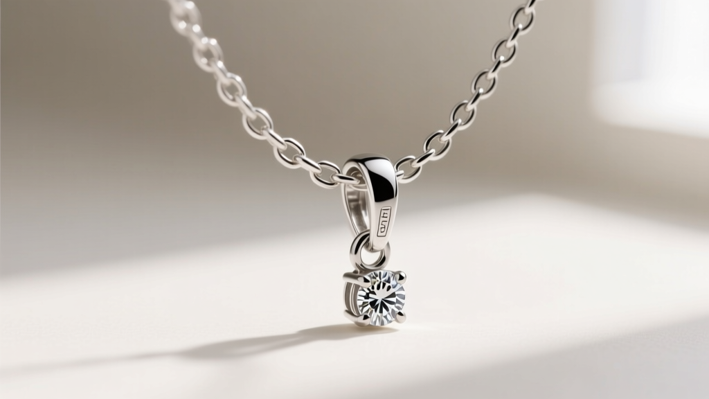 A 1mm platinum box chain threaded through a diamond pendant bail, macro focus on the secure lobster clasp and jump ring detail.
