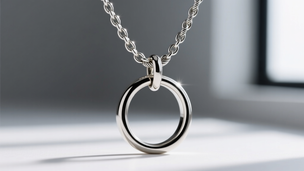 Macro shot of a 1.5mm silver cable chain connecting to a solid cast circle ring pendant, highlighting the soldered jump ring