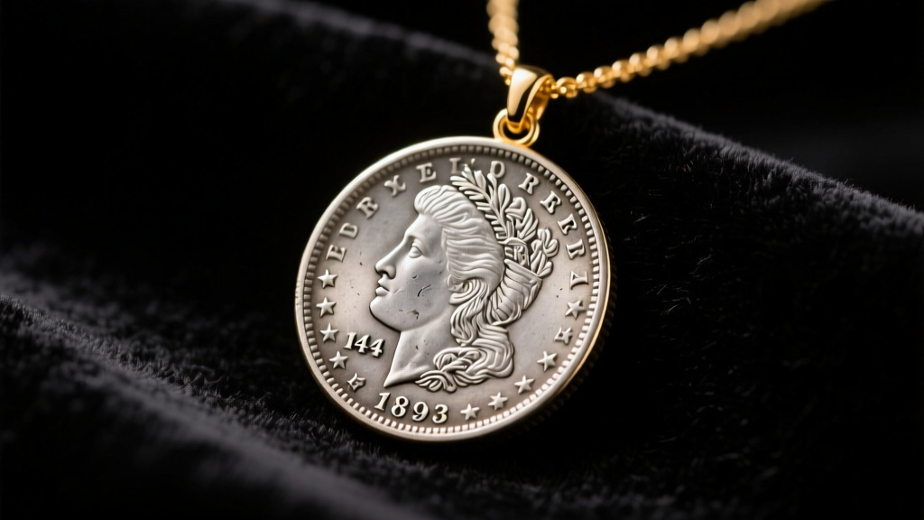 Macro shot of an 1893 Morgan Silver Dollar in a 14k gold bezel necklace on dark velvet under soft studio lighting.