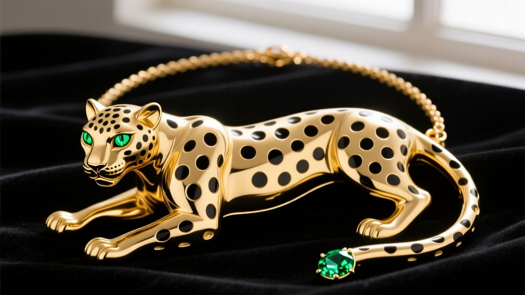 Close-up of a vintage 1980s 18k yellow gold panther necklace with carved onyx spots and tsavorite eyes resting on black velvet