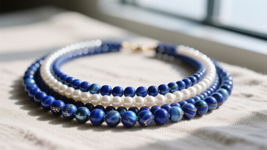 Elegant layered beads necklaces featuring 6mm lapis lazuli and 4mm freshwater pearls resting on a neutral linen fabric background.