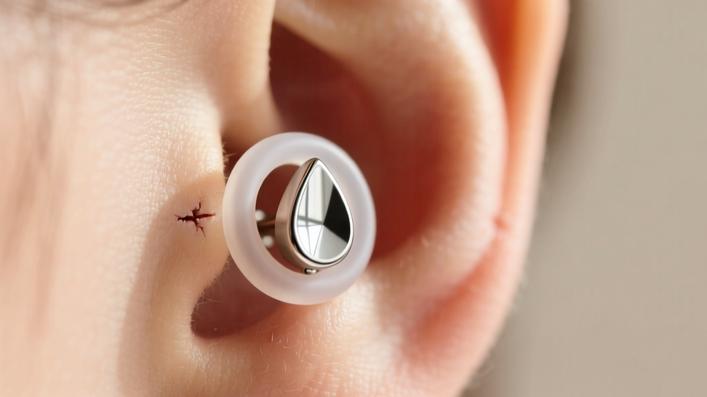 Close-up of an 18-gauge titanium flat-back teardrop stud secured with a silicone O-ring backing on a clean, healed earlobe.