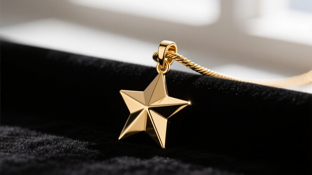 Close-up of a 50mm gold vermeil star pendant on black velvet, showing brushed metal texture and a thick cable chain attachment.