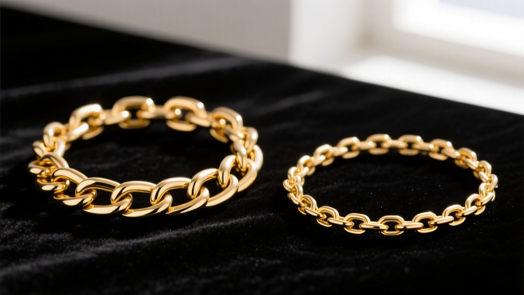 Macro comparison of 22-gauge and 18-gauge gold box chains on black velvet, highlighting link thickness and structural differences