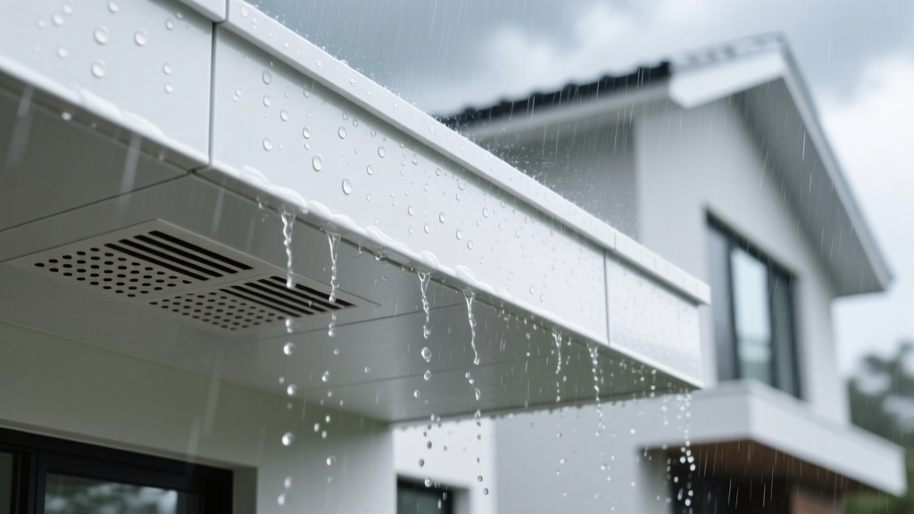 Close-up of white vinyl soffit panels with hidden venting installed under a modern roof overhang during a heavy rainstorm