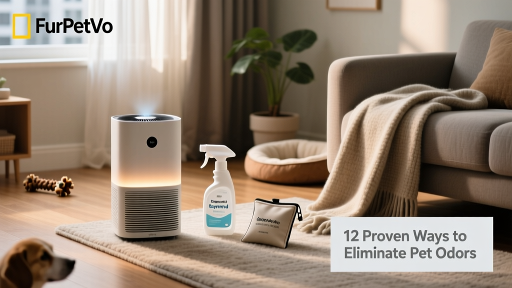 A neatly organized apartment corner featuring FurPetVo odor-control products: air purifier, enzymatic cleaner spray, and carpet deodorizer pouch